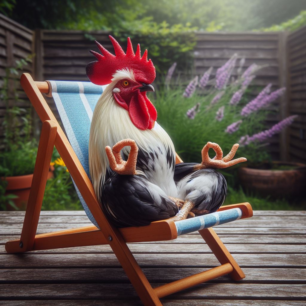 UN COQ ZEN un coq sur un transat suite a une Rénovation clé en main