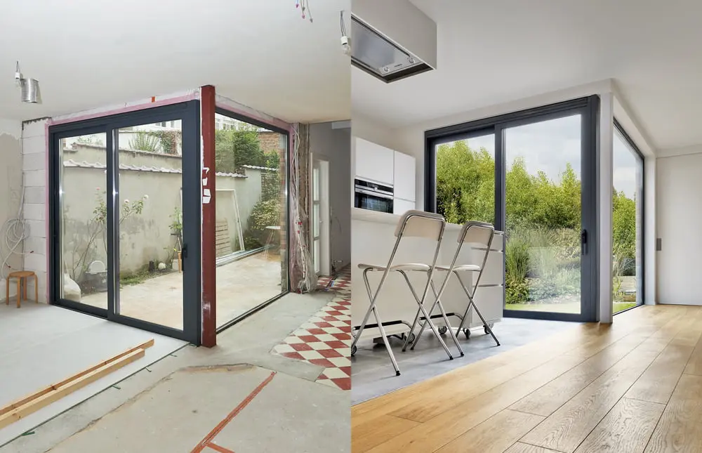  chantier avec photo avant et après Ossature rails et montants 48 mm avec pose des plaques BA13